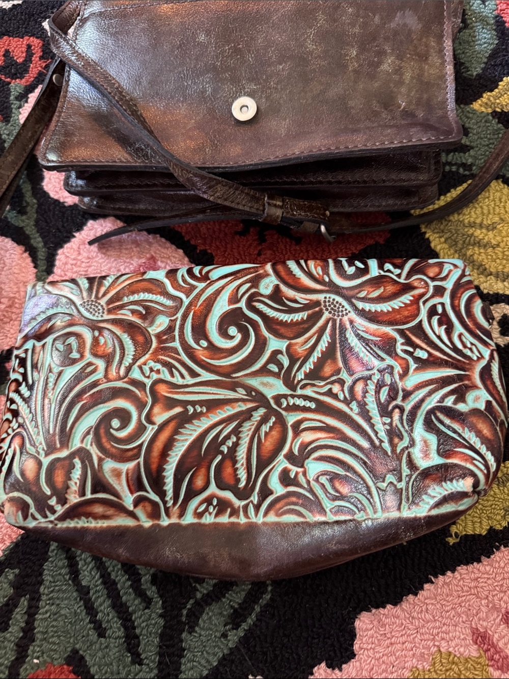 Set of three Patricia Nash Tooled Turquoise Brown Floral Leather Bags - Picture 11 of 12